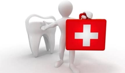 Dental care illustration with a tooth and first-aid case.