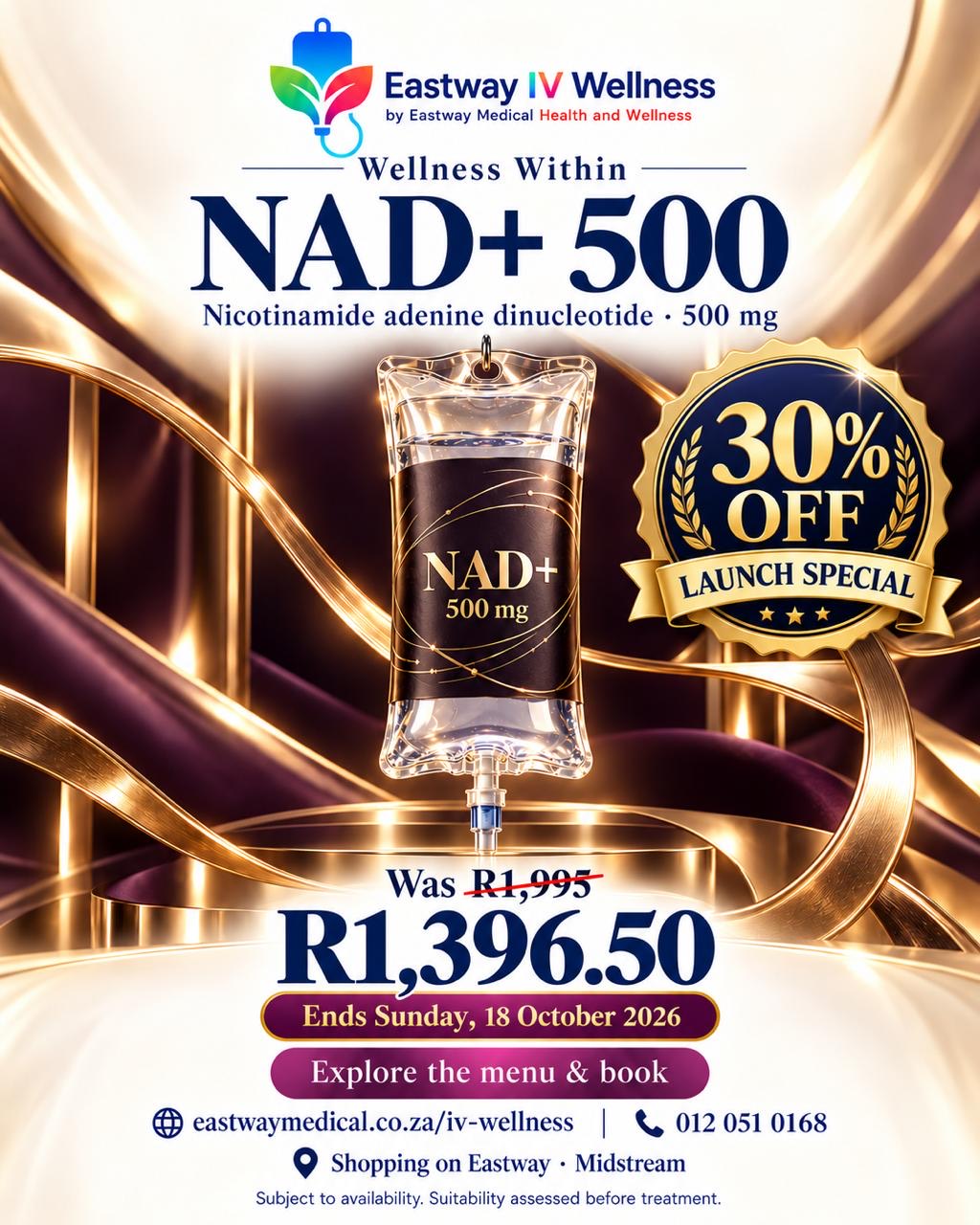 NAD+ 500 · 30% off IVI launch special, ending 18 October 2026